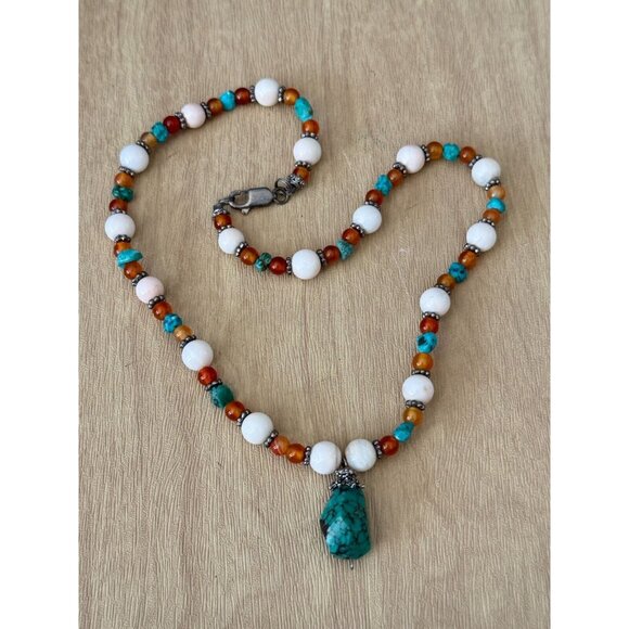 Vintage Long Beaded Necklace With Turquoise Pendant & Tiger Eye Beads - Picture 9 of 11